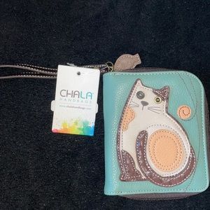 CHALA Brown & Teal Blue Kitty Cat Zip Wallet NWT